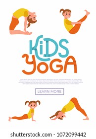 Cute cartoon gymnastics for children and healthy lifestyle sport illustration. Vector concept happy kids exercise poses and yoga asana flayer template for fitness design