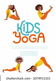 Cute cartoon gymnastics for children and healthy lifestyle sport illustration. Vector concept happy African kids exercise poses and yoga asana flayer template for fitness design