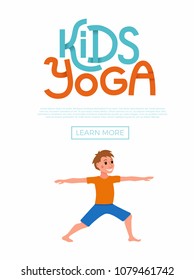 Cute cartoon gymnastics for children and healthy lifestyle sport illustration. Vector concept happy kids exercise poses and yoga asana flayer template for fitness design