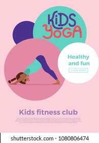 Cute cartoon gymnastics for children and healthy lifestyle sport illustration. Vector concept happy African kids exercise poses and yoga asana flayer template for fitness design