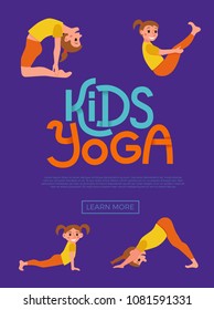 Cute cartoon gymnastics for children and healthy lifestyle sport illustration. Vector concept happy kids exercise poses and yoga asana flayer template for fitness design