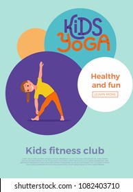 Cute cartoon gymnastics for children and healthy lifestyle sport illustration. Vector concept happy kids exercise poses and yoga asana flayer template for fitness design