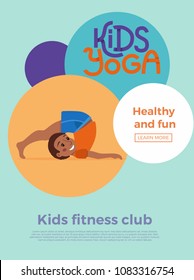 Cute cartoon gymnastics for children and healthy lifestyle sport illustration. Vector concept happy African kids exercise poses and yoga asana flayer template for fitness design