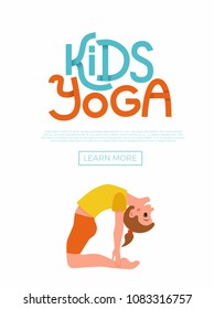 Cute cartoon gymnastics for children and healthy lifestyle sport illustration. Vector concept happy kids exercise poses and yoga asana flayer template for fitness design