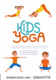 Cute cartoon gymnastics for children and healthy lifestyle sport illustration. Vector concept happy kids exercise poses and yoga asana flayer template for fitness design