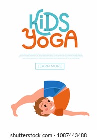 Cute cartoon gymnastics for children and healthy lifestyle sport illustration. Vector concept happy kids exercise poses and yoga asana flayer template for fitness design