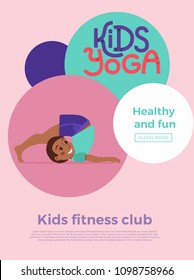 Cute cartoon gymnastics for children and healthy lifestyle sport illustration. Vector concept happy African kids exercise poses and yoga asana flayer template for fitness design