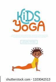 Cute cartoon gymnastics for children and healthy lifestyle sport illustration. Vector concept happy African kids exercise poses and yoga asana flayer template for fitness design