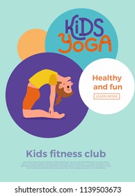 Cute cartoon gymnastics for children and healthy lifestyle sport illustration. Vector concept happy kids exercise poses and yoga asana flayer template for fitness design