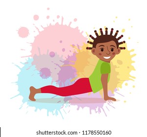 Cute cartoon gymnastics for children and healthy lifestyle sport illustration on watercolor splash background. Vector happy African kids fitness exercise and yoga asana colorful design