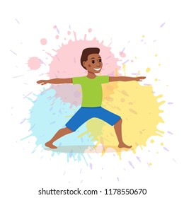 Cute cartoon gymnastics for children and healthy lifestyle sport illustration on watercolor splash background. Vector happy African kids fitness exercise and yoga asana colorful design