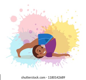 Cute cartoon gymnastics for children and healthy lifestyle sport illustration on watercolor splash background. Vector happy African kids fitness exercise and yoga asana colorful design