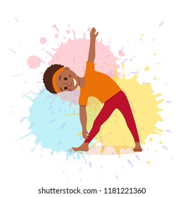 Cute cartoon gymnastics for children and healthy lifestyle sport illustration on watercolor splash background. Vector happy African kids fitness exercise and yoga asana colorful design