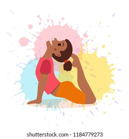 Cute cartoon gymnastics for children and healthy lifestyle sport illustration on watercolor splash background. Vector happy African kids fitness exercise and yoga asana colorful design