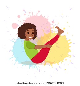 Cute cartoon gymnastics for children and healthy lifestyle sport illustration on watercolor splash background. Vector happy African kids fitness exercise and yoga asana colorful design