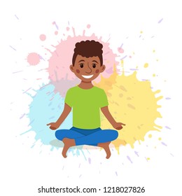 Cute cartoon gymnastics for children and healthy lifestyle sport illustration on watercolor splash background. Vector happy African kids fitness exercise and yoga asana colorful design