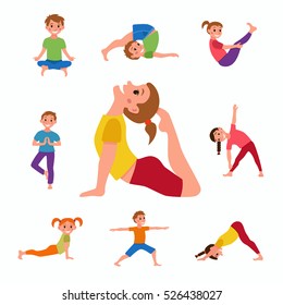 Cute cartoon gymnastics for children and healthy lifestyle sport illustration. Vector concept happy kids exercise poses and yoga asana set for fitness design 