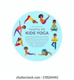 Cute cartoon gymnastics for children and healthy lifestyle sport illustration. Vector concept happy African kids exercise poses and yoga asana set for fitness design