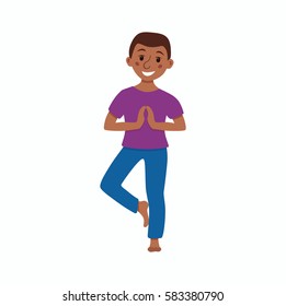 Cute cartoon gymnastics for children and healthy lifestyle sport illustration. Vector happy African kids fitness exercise and yoga asana colorful design