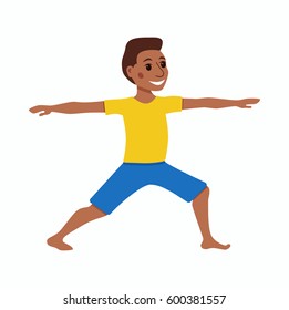 Cute cartoon gymnastics for children and healthy lifestyle sport illustration. Vector happy African kids fitness exercise and yoga asana colorful design