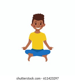 Cute cartoon gymnastics for children and healthy lifestyle sport illustration. Vector happy African kids fitness exercise and yoga asana colorful design