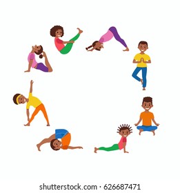 Cute cartoon gymnastics for children and healthy lifestyle sport illustration. Vector concept happy African kids exercise poses and yoga asana set for fitness design