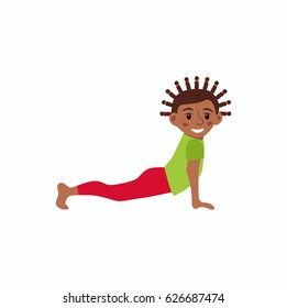 Cute cartoon gymnastics for children and healthy lifestyle sport illustration. Vector happy African kids fitness exercise and yoga asana colorful design