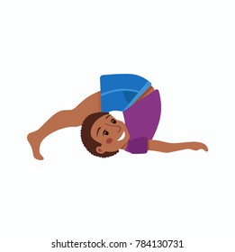 Cute cartoon gymnastics for children and healthy lifestyle sport illustration. Vector happy African kids fitness exercise and yoga asana colorful design