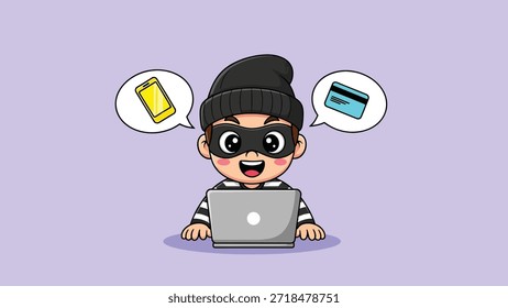 Personagem hacker bonito de desenho animado em um gorro preto e máscara, sentado em um laptop, pensando em roubar uma barra de ouro e cartão de crédito.