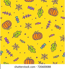 Cute cartoon Halloween background. Vector hand drawn bright seamless pattern