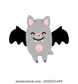 Cute cartoon Halloween bat character. Funny Vector smiling grey vampire bat with fangs and wings isolated on white background. Clipart for decoration, spooky design element, sticker, greetings print.