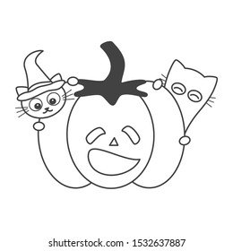 cute cartoon halloween black and white vector illustration with pumpkin and cats funny holidays for coloring art