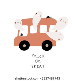 Cute Cartoon Halloween cars, pumpkin, and ghosts - vector illustration. Halloween character in flat style, pastel color