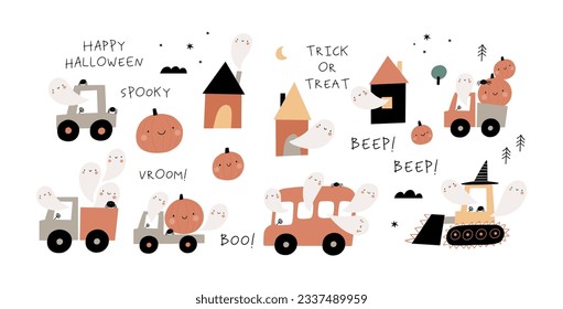 Cute Cartoon Halloween cars, pumpkin, and ghosts - vector illustration. Halloween character in flat style, pastel color