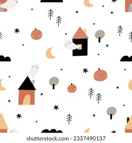 Cute Cartoon Halloween cars, pumpkin, and ghosts - vector seamless pattern. Halloween character in flat style, pastel color