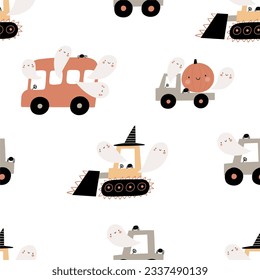 Cute Cartoon Halloween cars, pumpkin, and ghosts - vector seamless pattern. Halloween character in flat style, pastel color