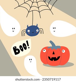 Cute Cartoon Halloween cars, pumpkin, and ghosts - vector illustration. Halloween character in flat style