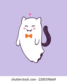 Cute cartoon Halloween Cat Ghost. Vector illustration