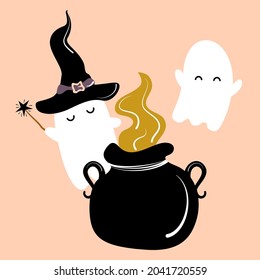 cute cartoon halloween character baby witch ghost funny holiday vector illustration in flat style