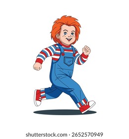 Cute cartoon of a Halloween character with red hair and a striped shirt wearing blue overalls, running with a mischievous smile. Inspired by classic horror toys, drawn in a kid-friendly cartoon style.
