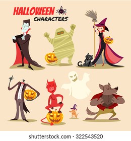 Cute cartoon halloween characters icon set. Vampire, mummy,witch with cat, devil,ghost,werewolf. Vector illustration 