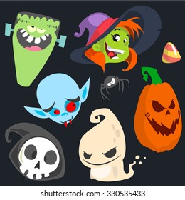 Cute cartoon Halloween characters icon set. Monster, witch, vampire, pumpkin head, death and cute ghost
