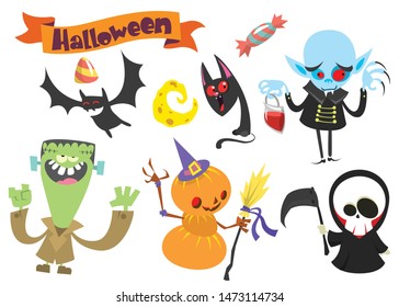 Cute cartoon halloween characters set illustration