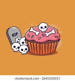 Cute cartoon Halloween cupcake with skull and bones. Vector illustration.