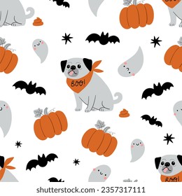 Cute cartoon Halloween dog, pumpkin, ghost - vector seamless pattern 