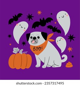 Cute cartoon Halloween dog, pumpkin, ghost - vector print 