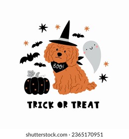 Cute cartoon Halloween dog, pumpkin, ghost - vector print 