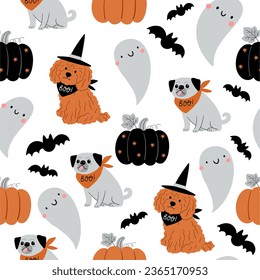 Cute cartoon Halloween dog, pumpkin, ghost - vector seamless pattern 