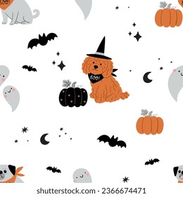 Cute cartoon Halloween dog, pumpkin, ghost - vector seamless pattern 