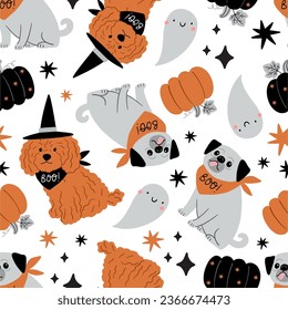 Cute cartoon Halloween dog, pumpkin, ghost - vector seamless pattern 